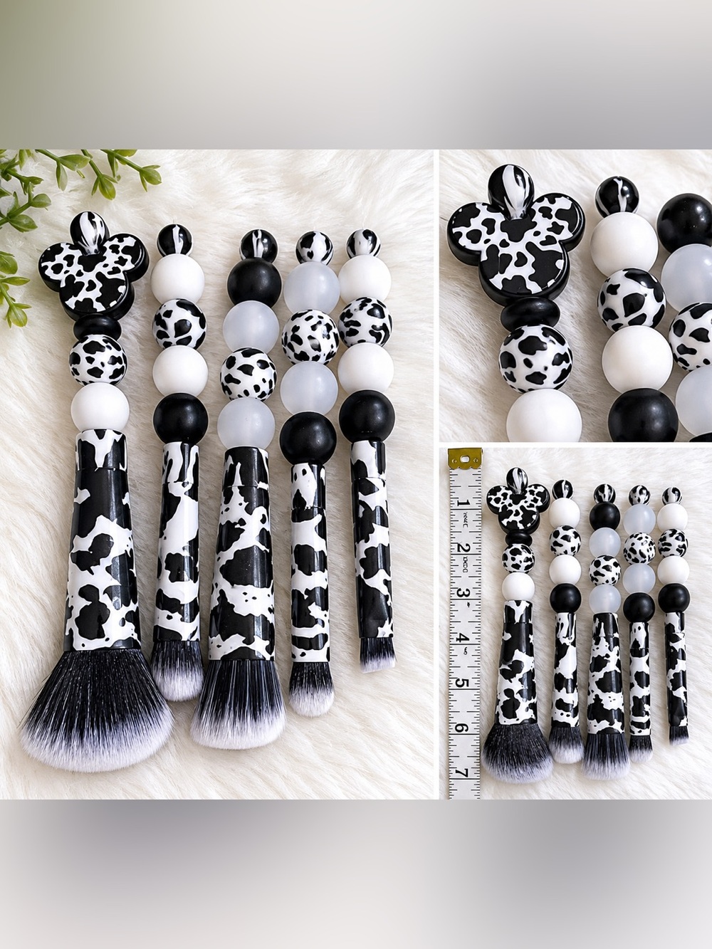 Cow Print Handmade Makeup Brush Set Black White Beaded Glam